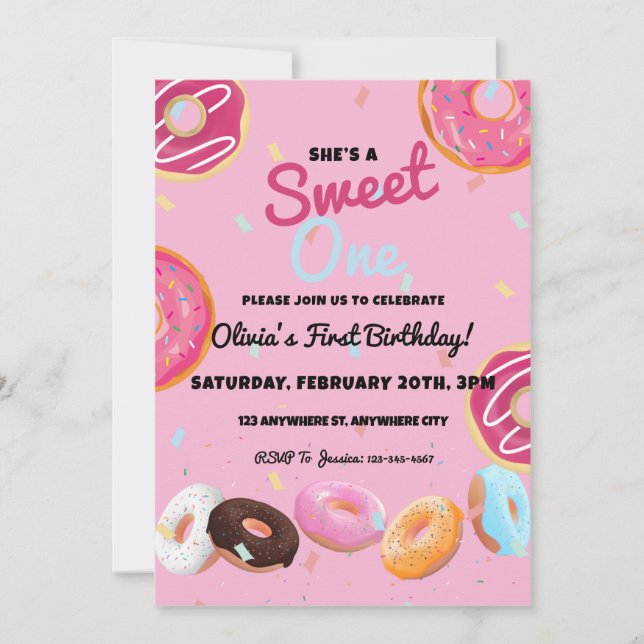 Sweet One Doughnut First Birthday Party Invitation (Front)