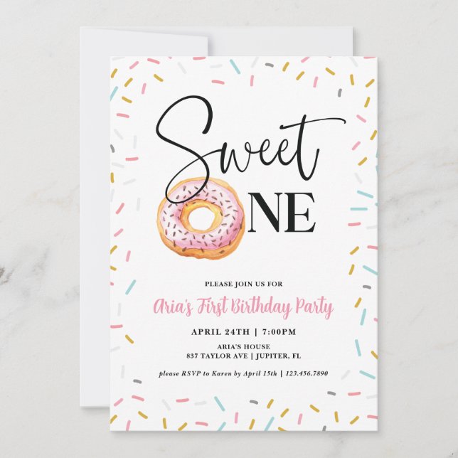 Sweet One Doughnut First Birthday Party Invitation (Front)