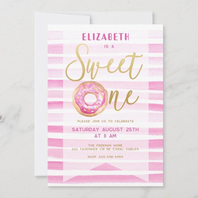 Sweet One Doughnut Girl Birthday Pink Stripes Invitation (Front)