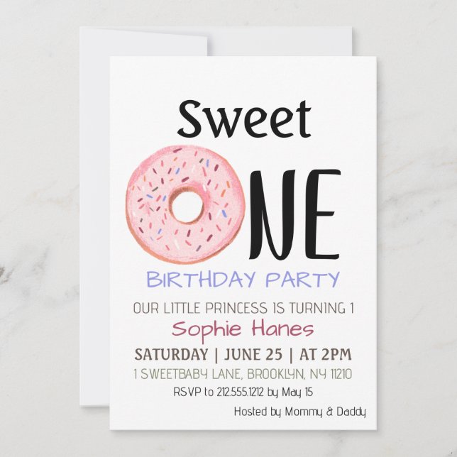 Sweet One Doughnut Girl's First Birthday Party Inv Invitation (Front)