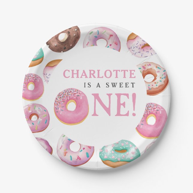 Sweet One Doughnut Pink 1st First Birthday Party Paper Plate (Front)