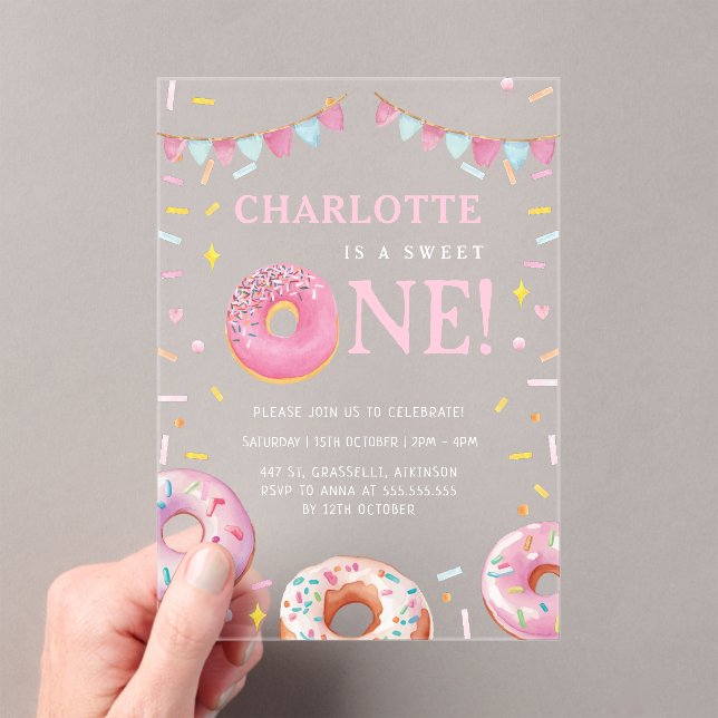 Sweet One Doughnut Pink First Birthday Party Acrylic Invitations (Insitu (Handheld))