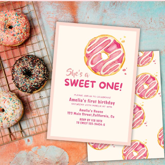 Sweet one doughnut pink girl first birthday invitation (Creator Uploaded)