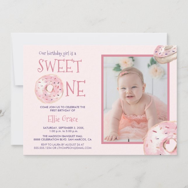 Sweet One Doughnut theme photo First birthday  Invitation (Front)