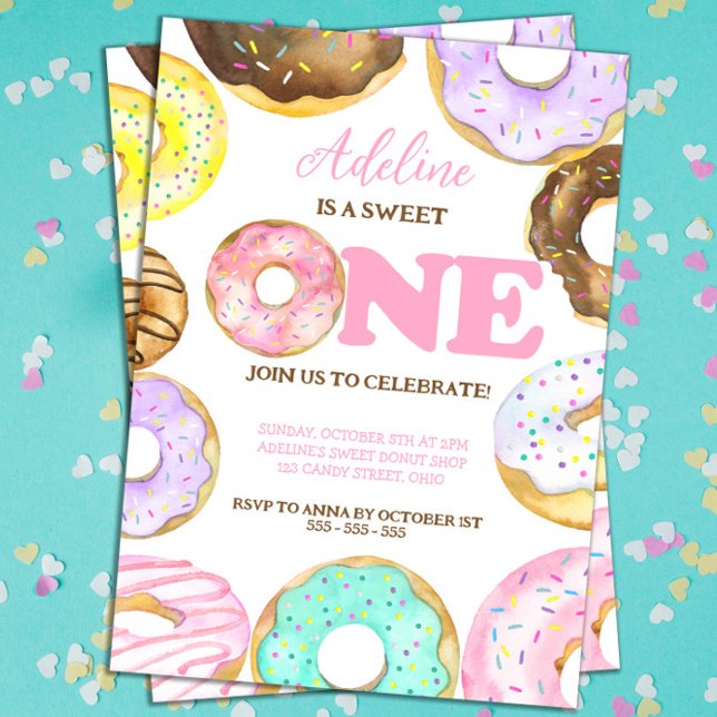 Sweet One Doughnuts 1st birthday Girl Watercolor Invitation (Sweet One Donut 1st Birthday Invitation for Girls)