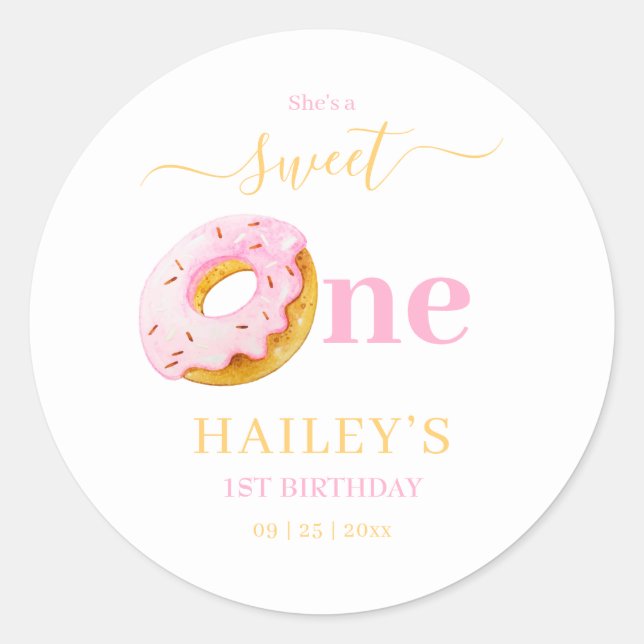 Sweet One Doughnuts Birthday Invitation, Girls 1st Classic Round Sticker (Front)