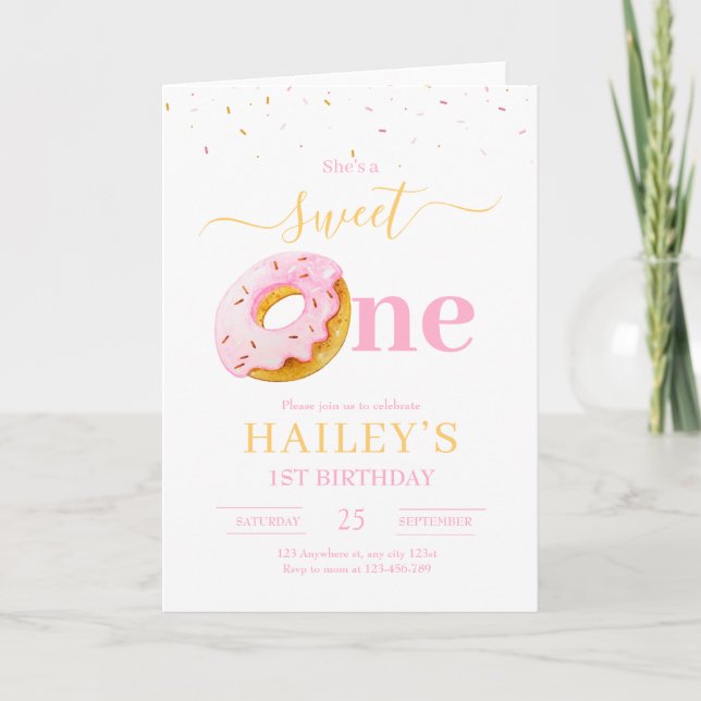 Sweet One Doughnuts Birthday Invitation, Girls 1st Invitation (Front)