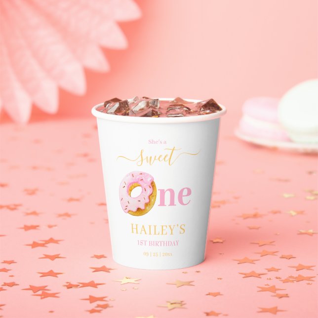 Sweet One Doughnuts Birthday Invitation, Girls 1st Paper Cups (Insitu)
