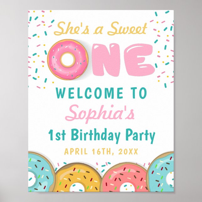 Sweet One Doughnuts First Birthday Party Welcome Poster (Front)