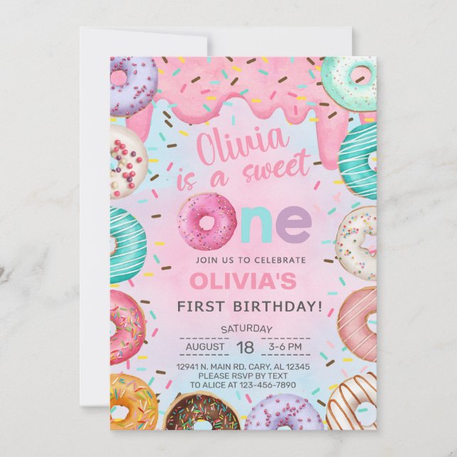 Sweet One doughnuts girl first, 1st birthday invit Invitation (Front)