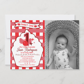 Sweet One First Birthday Gingham Photo Invitations