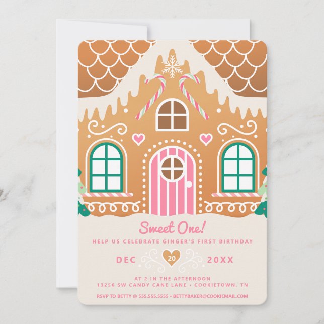 Sweet One First Birthday Pink Gingerbread  Invitation (Front)
