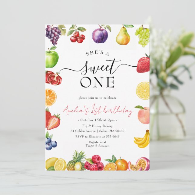 Sweet One Fruit Themed Girls 1st Birthday Invitation (Standing Front)