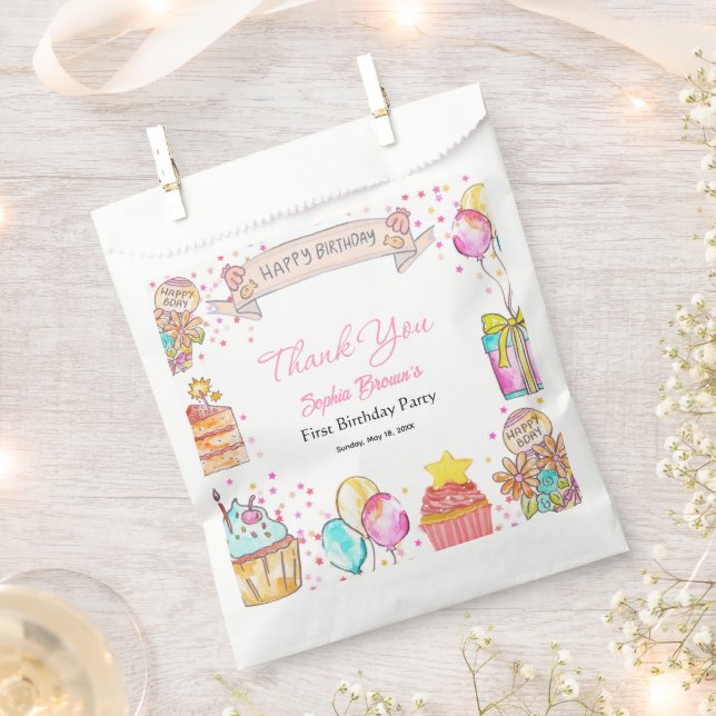 Sweet One Girl 1st Birthday Pink Favor Bags (Clipped)