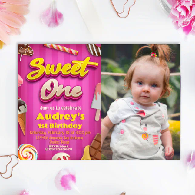 Sweet One - Girl 1st Birthday with Photo Invitation | Zazzle