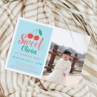 Sweet One Girl Birthday Cherry Summer Photo Invitation
