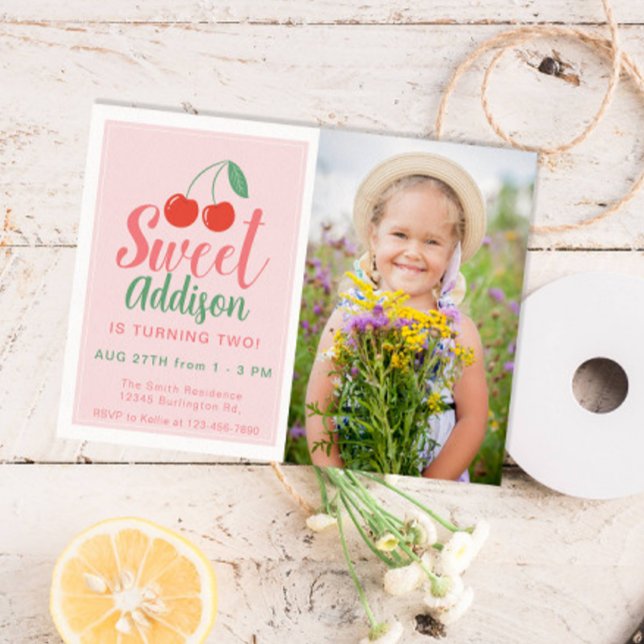 Sweet One Girl Birthday Cherry Summer Photo Invitation (Creator Uploaded)
