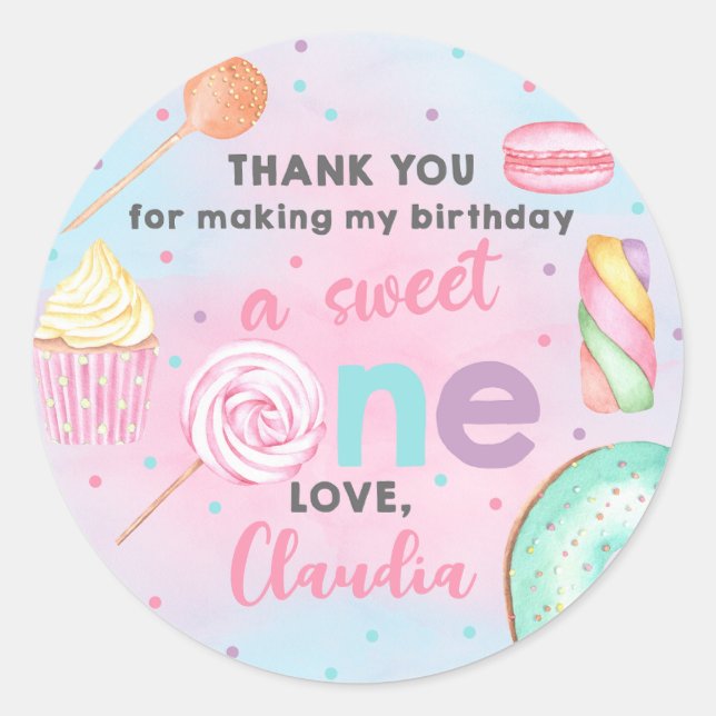 Sweet One girl birthday thank you circle sticker. Classic Round Sticker (Front)