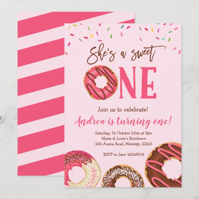 Sweet One Girl Doughnut themed Birthday Invitation (Front/Back)