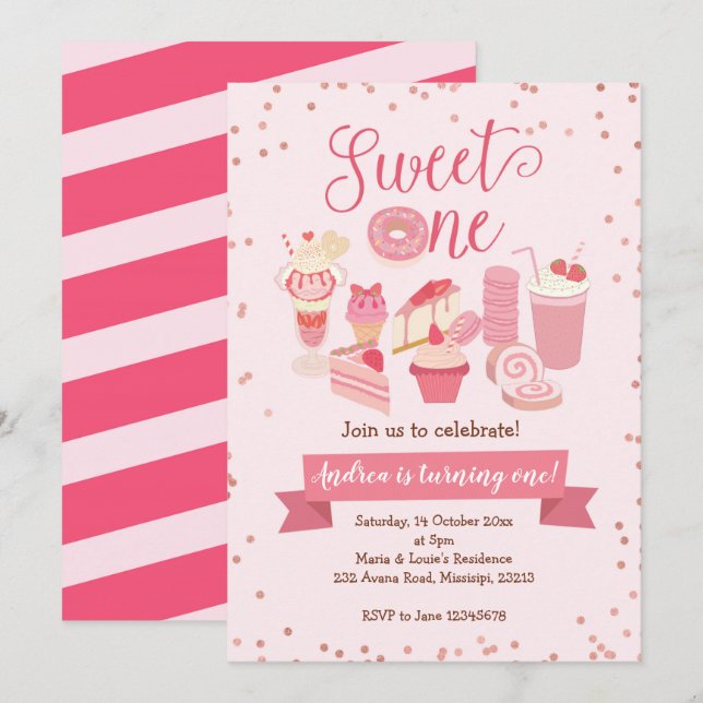 Sweet One Girl Doughnut themed Birthday Invitation (Front/Back)