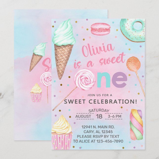Sweet One girl first, 1st birthday invitation. Inv Invitation (Front/Back)
