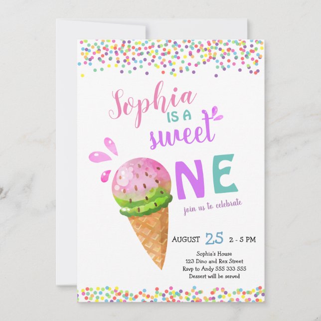Sweet One Girl First Birthday Ice Cream Summer Invitation (Front)