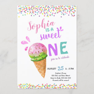 Sweet One Girl First Birthday Ice Cream Summer Invitation
