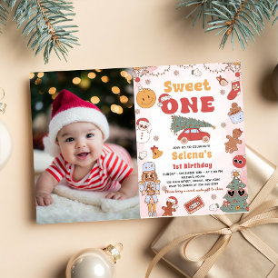 Sweet One Groovy Christmas 1st Birthday Photo Invitation