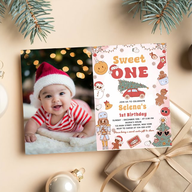 Sweet One Groovy Christmas 1st Birthday Photo Invitation (Creator Uploaded)