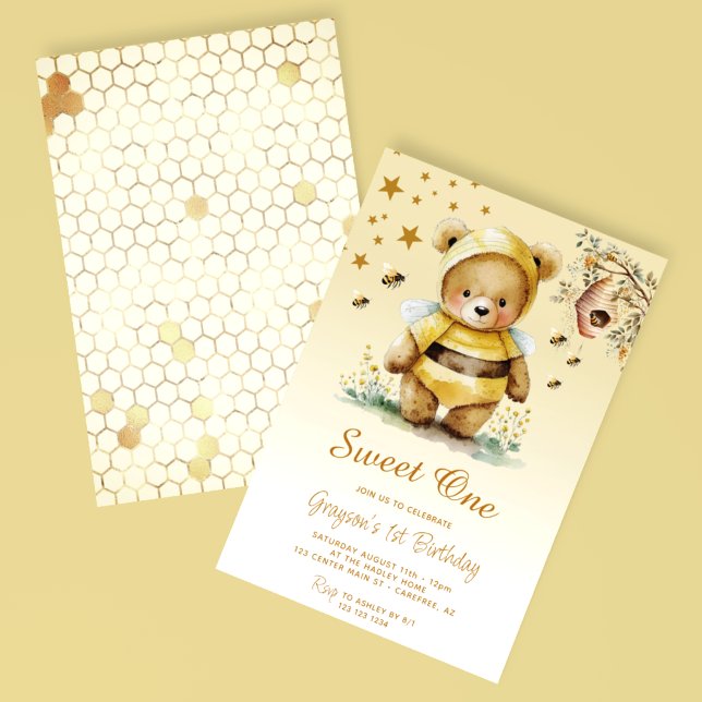 Sweet One Honey Bear 1st Birthday Invitation (Creator Uploaded)