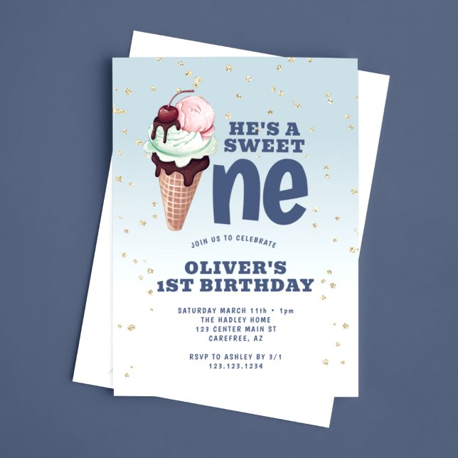 Sweet One Ice Cream Blue 1st Birthday Invitation (Creator Uploaded)
