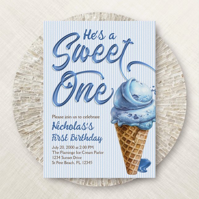 Sweet One Ice Cream Boys 1st Birthday Invitation (Creator Uploaded)