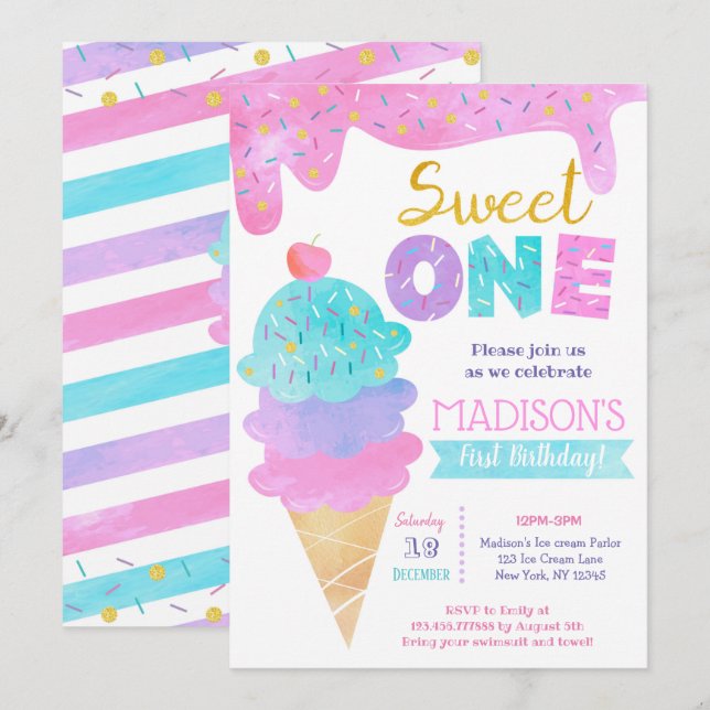 Sweet One Ice Cream First Birthday Invitations (Front/Back)