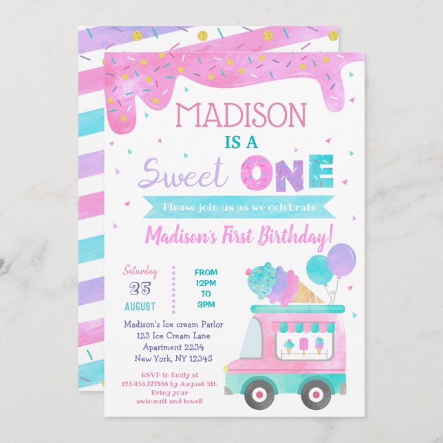 Sweet One Ice Cream First Birthday Invitations (Front/Back)
