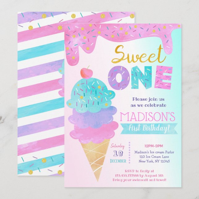 Sweet One Ice Cream First Birthday Invitations (Front/Back)