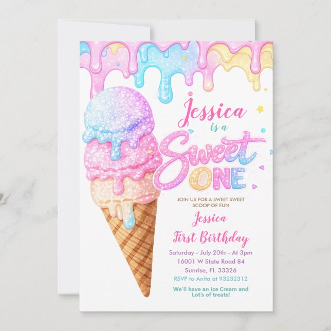 Sweet One Ice Cream Pastel Glitter Birthday  Invitation (Front)