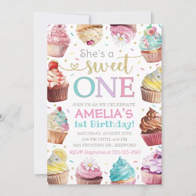 Sweet One Invitation, Cupcake Invitation (Front)
