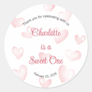 Sweet One Labels, Sweetheart One Party, Heart Classic Round Sticker