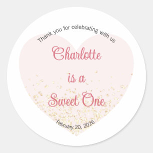 Sweet One Labels, Sweetheart One Party, Heart Classic Round Sticker