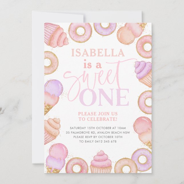 Sweet One Pastel Cupcake Doughnut Girls 1st Birthd Invitation (Front)