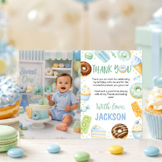 Sweet One Pastel Doughnut Birthday Photo Thank You Card