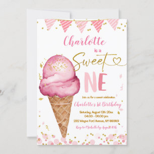 Sweet One Pastel Pink Ice Cream 1st Birthday Invitation