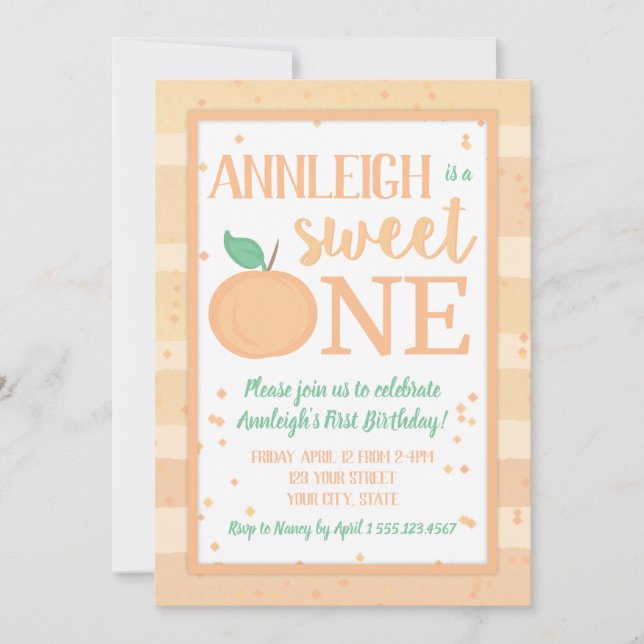 Sweet One Peach Theme Girls First Birthday Invitation (Front)