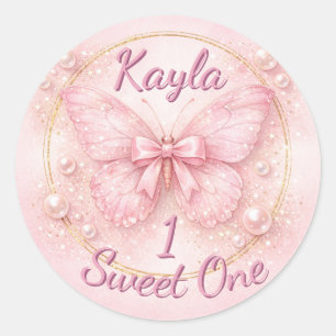 Sweet One Pink Butterfly 1st Birthday  Classic Round Sticker