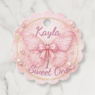 Sweet One Pink Butterfly 1st Birthday Scalloped Favour Tags