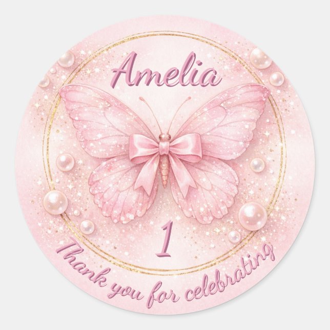 Sweet One Pink Butterfly 1st Birthday Thank You Classic Round Sticker (Front)