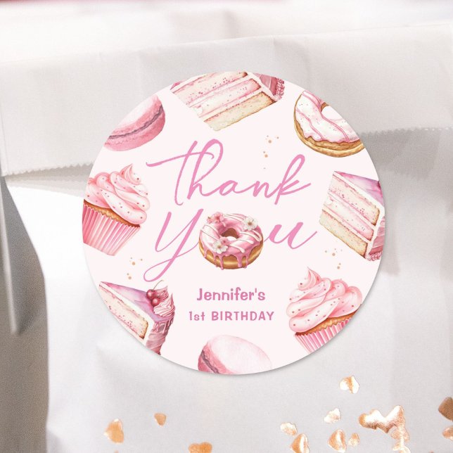 Sweet One Pink Cute Doughnuts Girl 1st Birthday Pa Classic Round Sticker (Creator Uploaded)