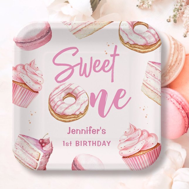 Sweet One Pink Cute Doughnuts Girl 1st Birthday Pa Paper Plate (Creator Uploaded)