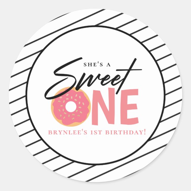 Sweet One Pink Doughnut 1st Birthday Classic Round Sticker (Front)