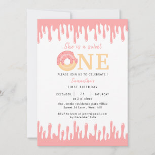 Sweet One Pink Doughnut  1st Birthday  Invitation